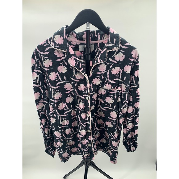 Victoria's Secret Other - Victorias Secret Pajama Top Womens Medium Black Pink Floral Pom Pom Trim Modal